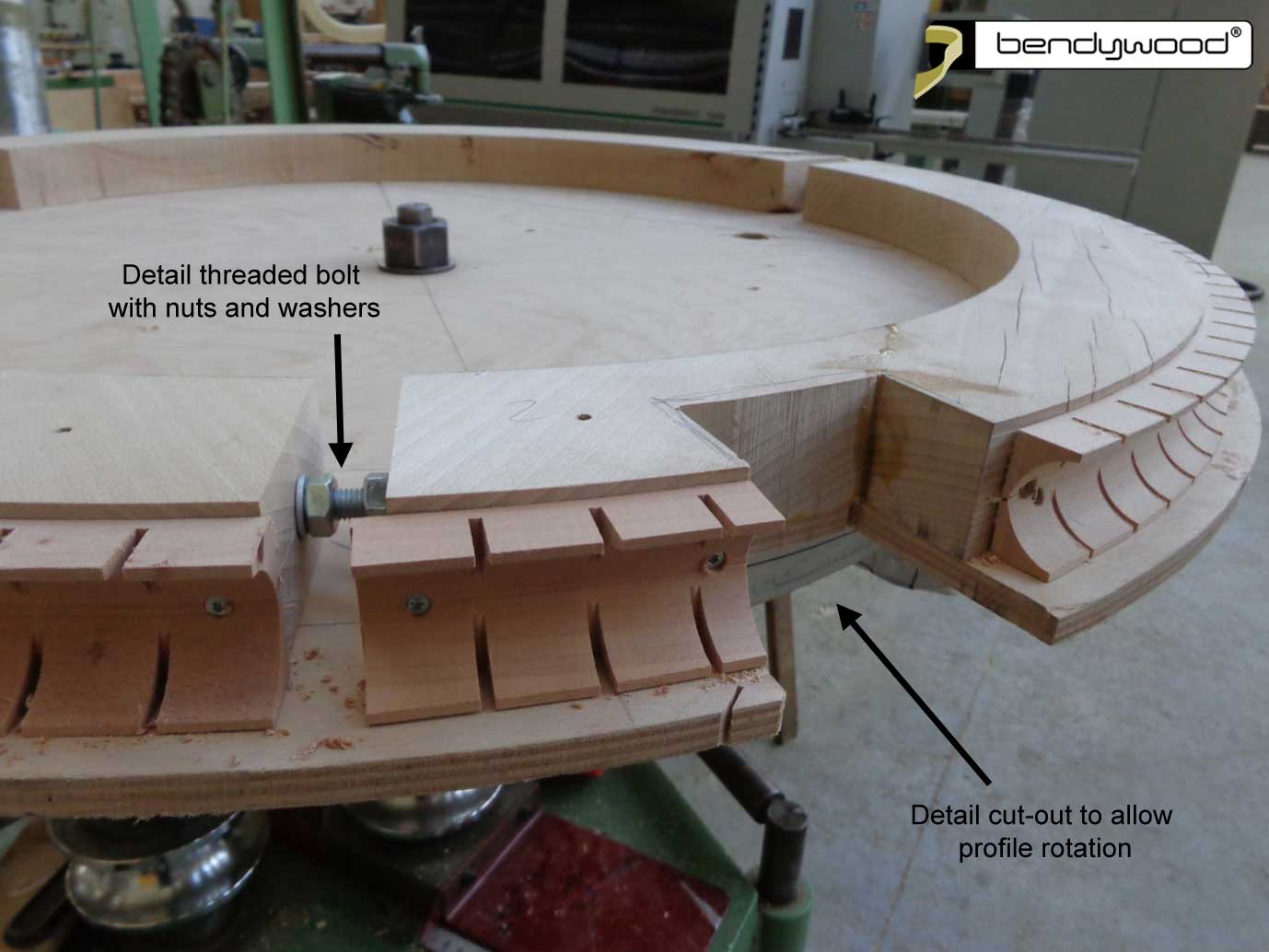 Detail cut-out to allow for profile rotation - wooden ring for pendant light